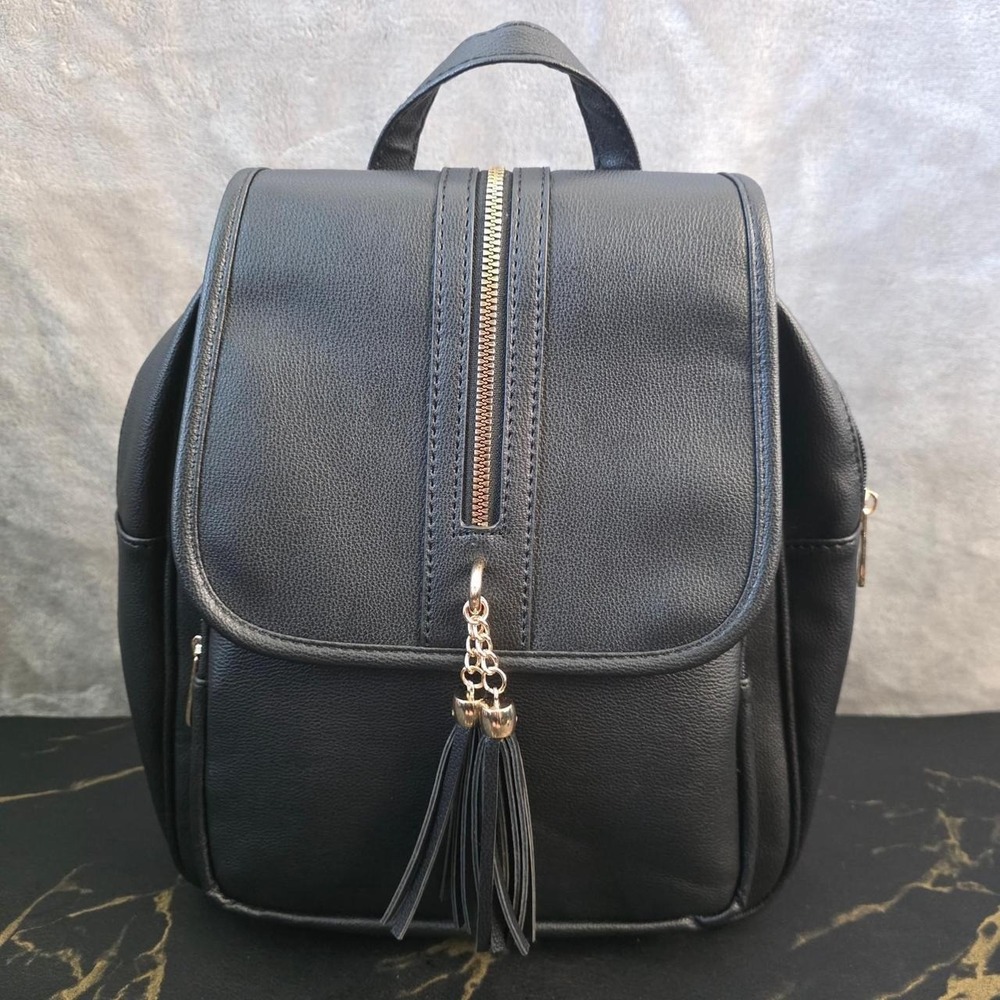 Black Faux Leather Mini Backpack Purse with Tassel Charm